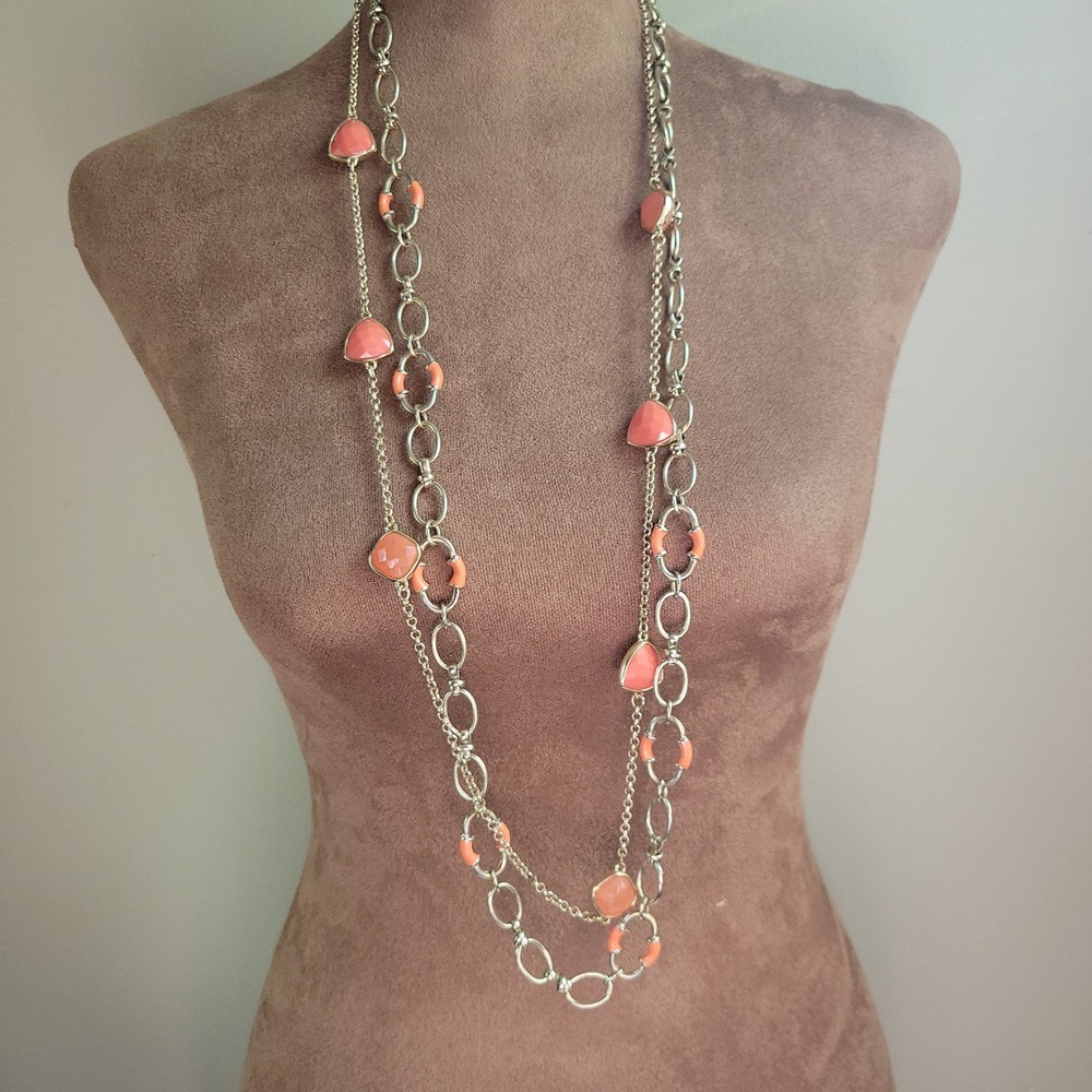Chaps & Unmarked Peach Silver Tone Layering Necklace Set Long One Size‎ Preppy